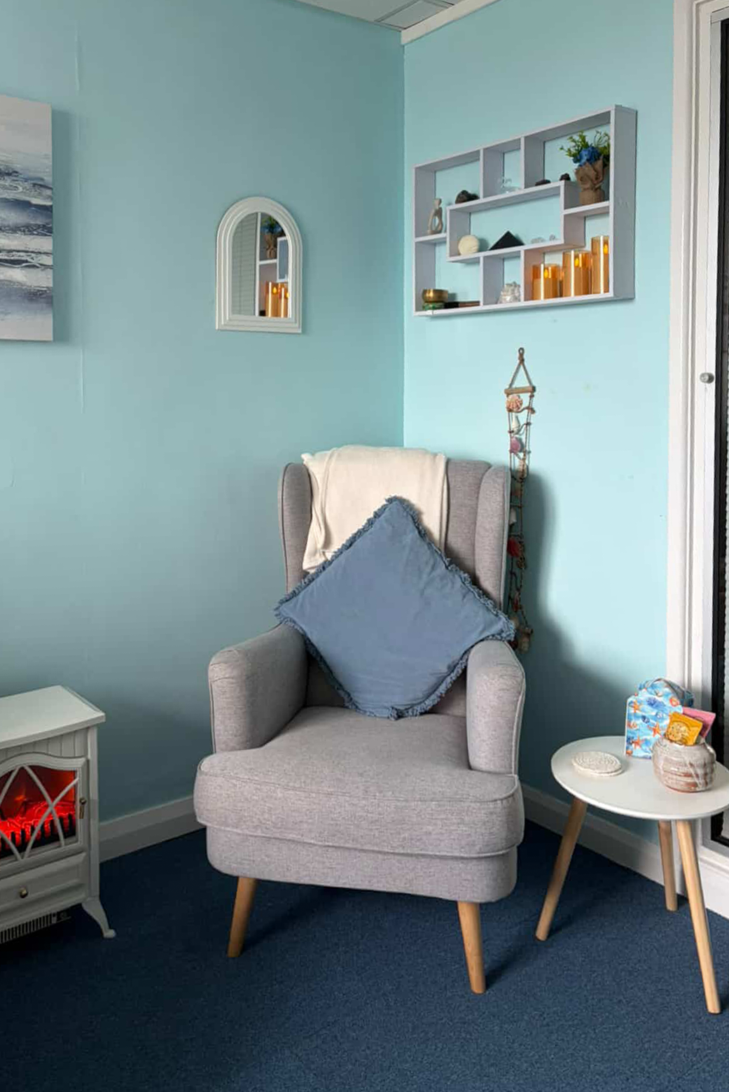 Therapy office interior showing a peaceful, ocean-themed space